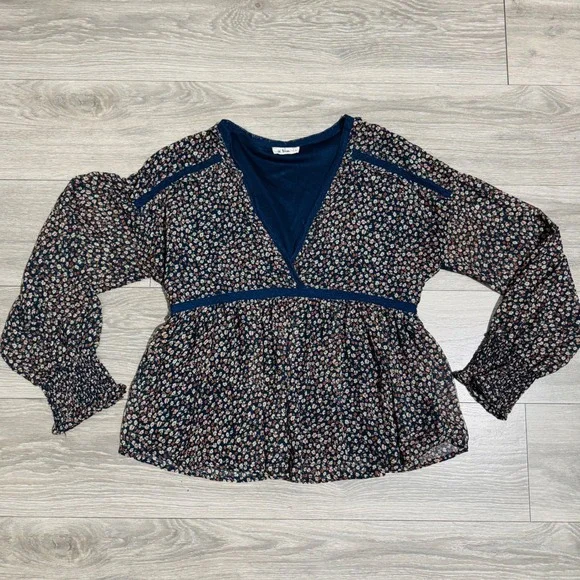 Cottagecore Fairy Blouse M Navy Blue Ditsy Floral Surplice V-Neck Peplum Boho - Picture 3 of 14